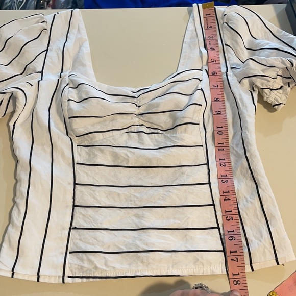 E.ssue White & Black Striped Puff Sleeve Square Neck Ruched Front Blouse Small - Picture 12 of 13